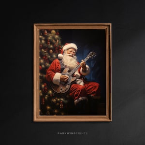 Santa Playing Guitar, Vintage Christmas Wall Art, Christmas Painting, Christmas Decor Winter Print, Cottagecore Decor Music Academia - G374