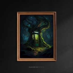 Deep Forest Telephone Booth, Dark Cottagecore Print, Vintage Botanical, Green Aesthetic Wall Art, Goblincore Oil Painting, Moody Art / G98