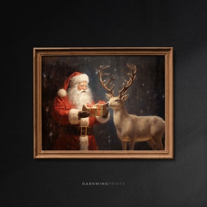 Papai Noel dando presentes para suas renas, arte de Natal para impressão, arte de parede de Natal vintage, decoração de pintura a óleo digital de Natal - G380