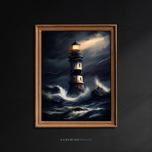 Lighthouse, Antique Vintage Painting, Stormy Seascape Painting Print, Moody Coast Printable, Coastal Wall Decor, Beach House Wall Art / G66