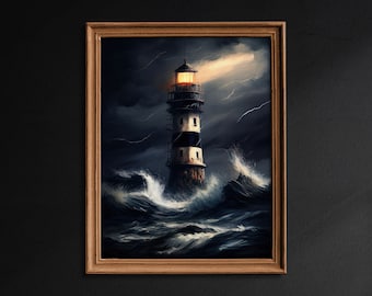 Lighthouse, Antique Vintage Painting, Stormy Seascape Painting Print, Moody Coast Printable, Coastal Wall Decor, Beach House Wall Art / G66
