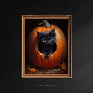 Black Cat in Pumpkin, Halloween Wall Art Printable, Vintage Cat Painting, Rustic Decor, Gothic Painting, Vintage Halloween Print - G290