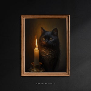 キャンドルライトの魔女の黒猫、ダークアカデミアプリント、魔女の部屋の装飾、ゴシック絵画の印刷物、ダークな美学、魔女の猫アート - G106