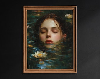 Ophelia Woman, Antique Oil Painting, Victorian Art, Rustic Vintage Wall Art, Dark Academia Print, Gothic Decor, Dark Academia Poster - G517