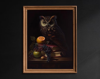 Naturaleza muerta con frutas y búhos, póster vintage, Dark Academia, impresión artística, gótico victoriano, impresión artística estética, pintura al óleo - G312