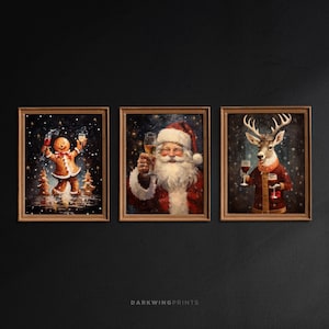 クリスマス フェスティバル プリント 3 枚セット、楽しいクリスマス ギャラリー ウォール アート、サンタ チアーズ プリント、クリスマス バー カート プリント、ホリデー ワイン デコレーション - G505