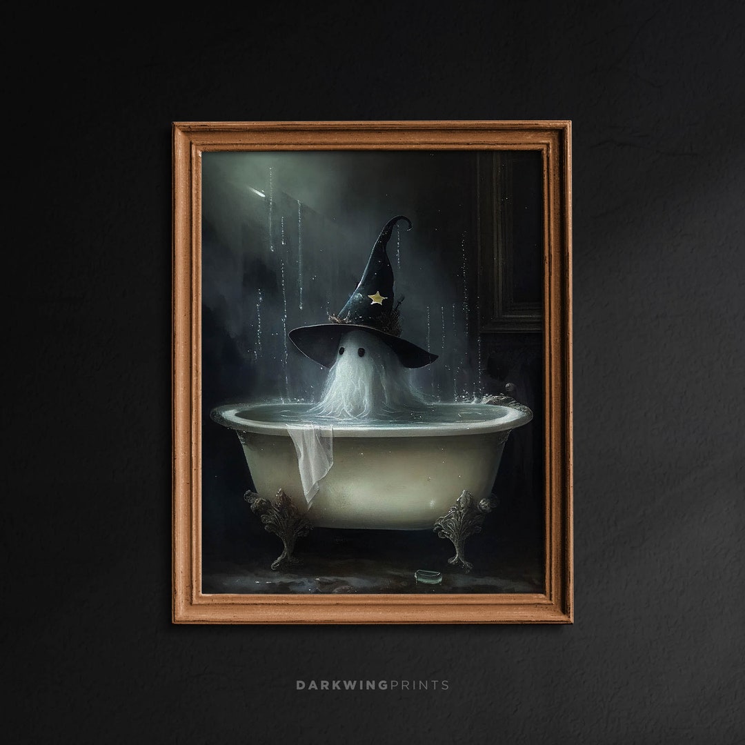 Witch Ghost in the Bathtub, Gothic Witch Painting, Ghost Bathroom Print