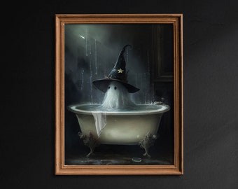 Witch Ghost in the Bathtub, Gothic Witch Painting, Ghost Bathroom Print, Halloween Decor, Dark Academia, Vintage Art Poster Print - G322