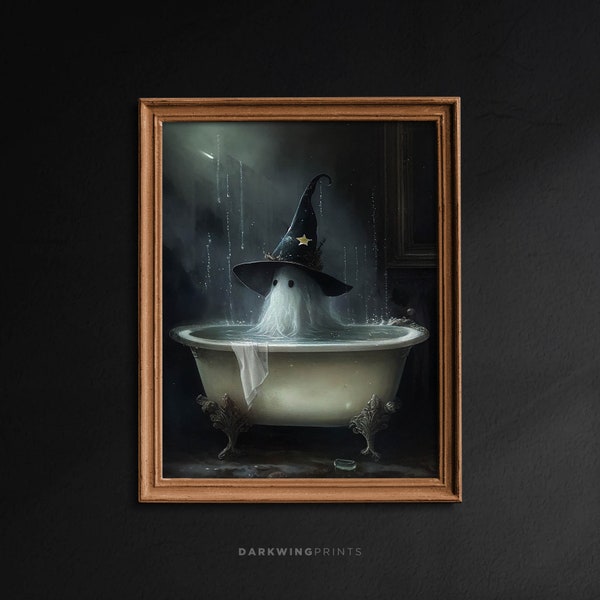 Witch Ghost in the Bathtub, Gothic Witch Painting, Ghost Bathroom Print, Halloween Decor, Dark Academia, Vintage Art Poster Print - G322