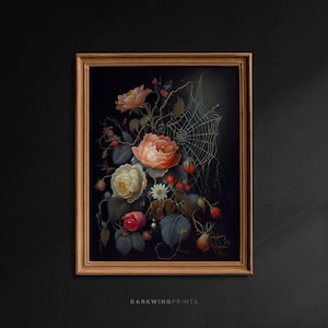 Gotische Blumen und Spinnennetz, stimmungsvolle Ästhetik, florale Wandkunst, dunkles Academia-Dekor, botanisches antikes Ölgemälde - G267