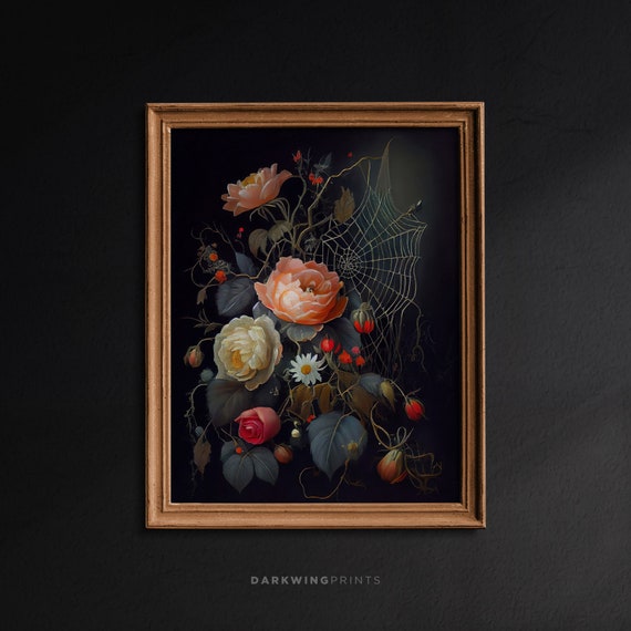 Gothic Flowers and Spider Web, Moody Aesthetic, Floral Wall Art, Dark Academia Decor, Botanical Antique Oil Painting - G267