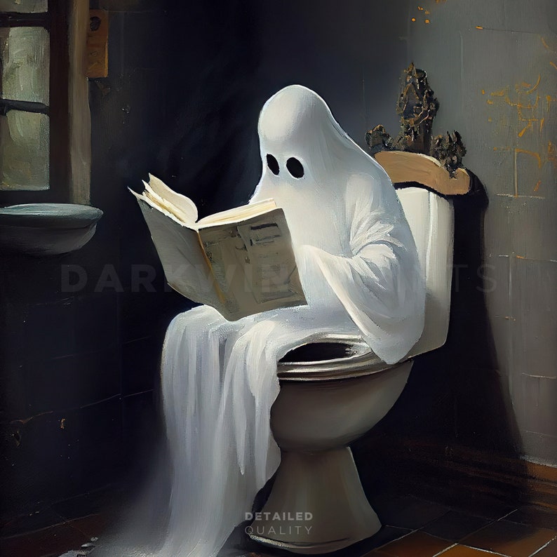 May include: A white ghost wearing a white sheet sits on a toilet in a bathroom, reading a newspaper. The ghost is sitting on the toilet seat with its legs crossed. The bathroom is dark and has a tiled floor.