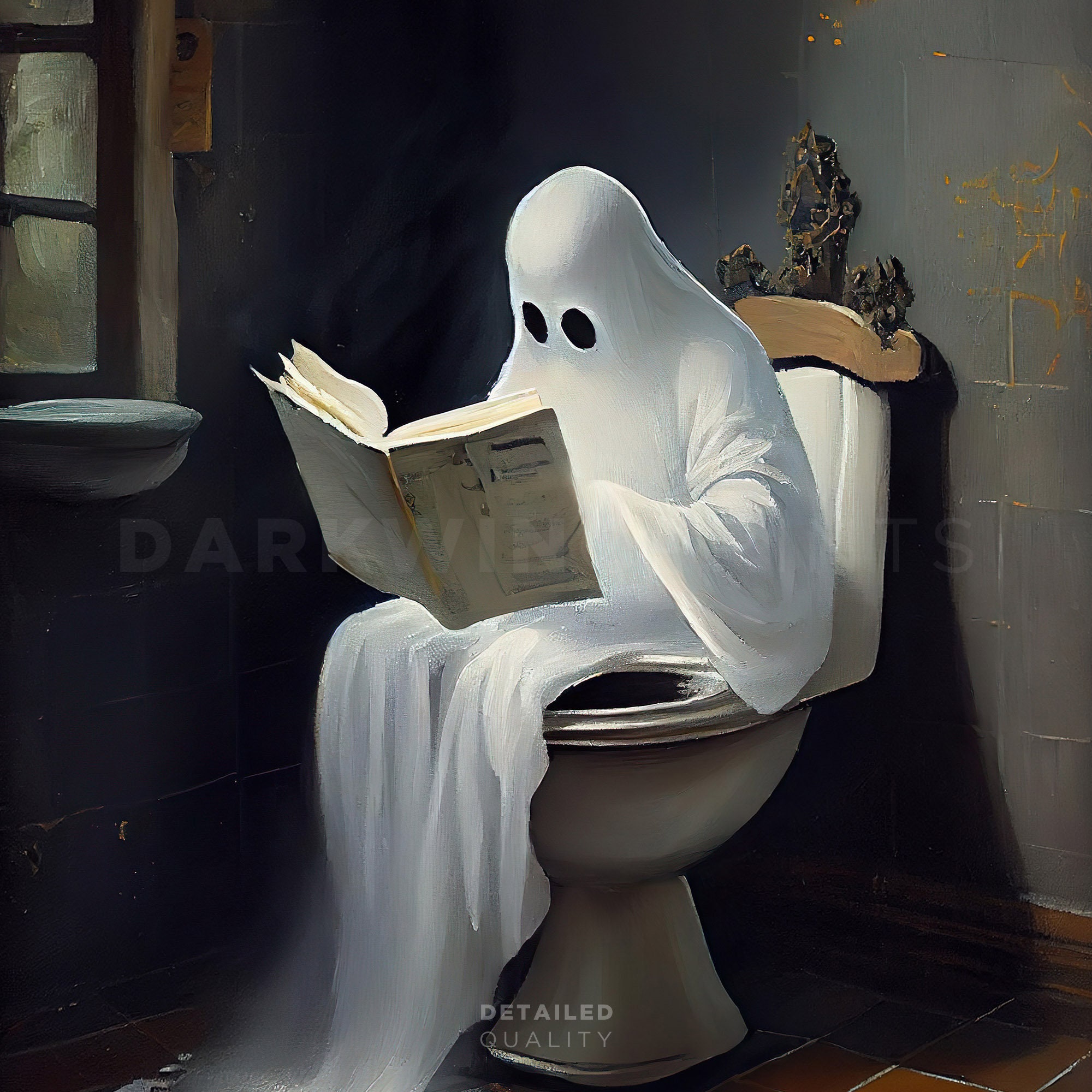 Ghost on Toilet, Ghost in Bathroom Print, Dark Academia, Vintage Poster