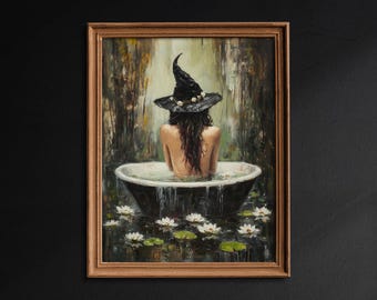 Witch on Botanical Bathtub, Witch in Bathroom Print, Gothic Witch Painting, Dark Academia, Halloween Decoration, Gothic Victorian - G523