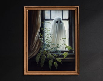 Ghost in the Botanical Window, Halloween Decor, Vintage Poster, Dark Academia, Art Poster Print, Botanical Decor - G262