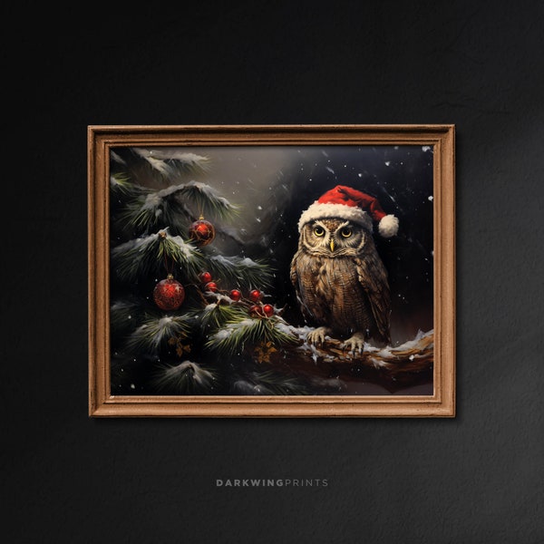Christmas Antique Dark Owl Painting, Winter Christmas Tree, Seasonal Holiday Decor, Vintage Rustic Print, Christmas Owl Wall Art - G430
