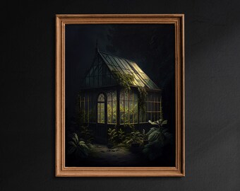 Greenhouse Print, Botanical Witch Room Decor, Dark Green Aesthetic Painting, Dark Cottagecore Wall Decor, Vintage Floral Printable - G166