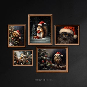 Set of 5 Christmas Animal Gallery Wall Art, Christmas Art Gallery, Vintage Farmhouse Christmas, Snowy Winter Holiday Cute Animal Set - G496