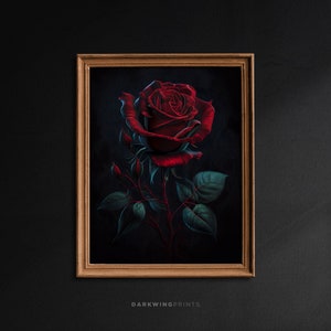 Arte de rosa roja vintage, decoración gótica del hogar, arte de pared con impresiones digitales, descarga de póster imprimible floral, decoración de habitación estética oscura / G60