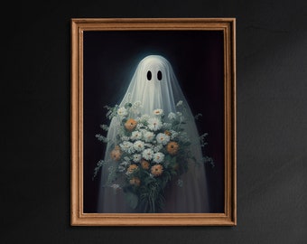 Floral Ghost Portrait, Dark Academia Decor, Gothic Painting, Halloween Print, Art Poster Print, Spooky Decor, Vintage Poster - G139