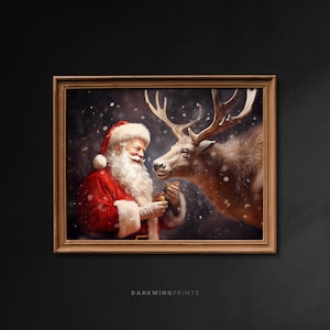 Santa&#39;s Reindeer Companionship, Printable Christmas Oil Painting, Vintage Christmas Wall Art, Cottagecore Decor, Christmas Digital Art -G462