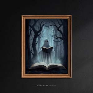 Buchliebhaber Geist im Wald, Dark Academia Print, Vintage Art Poster Print, gruseliges Dekor, Gothic Victorian, Halloween Wandkunst - G130
