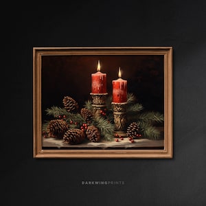 Christmas Red Candle Pinecone Art Still Life Printable, Rustic Christmas Wall Art, Vintage Christmas Holiday Decor, Dark Academia - G413