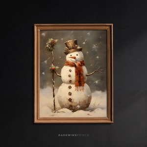 Snowman Printable, Vintage Christmas Wall Print, Christmas Painting, Winter Art Seasonal Decor, Cottagecore Decor, Christmas Wall Art - G479