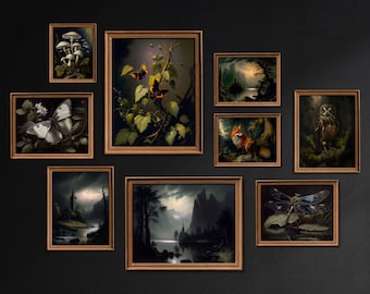 Set of 9 Dark Moody Art Prints Gallery, Cottagecore, Dark Academia Wall Art, Instant Printable, Moth Artwork, Owl, Digital Download / G247