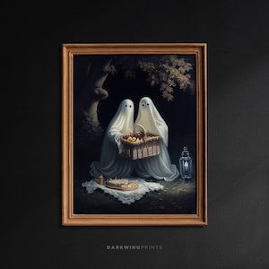 Two Ghosts having a Picnic, Dark Academia, Spooky Decor, Vintage Poster, Cute Gothic Relationship, Art Poster Print - G89