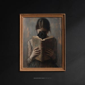 Victorian Woman Reading, Bookish Wall Art Print, Gothic Library Art Print, Botanical Dark Rose, Book Lover Gift, Dark Academia Decor - G519