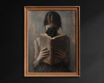 Victorian Woman Reading, Bookish Wall Art Print, Gothic Library Art Print, Botanical Dark Rose, Book Lover Gift, Dark Academia Decor - G519