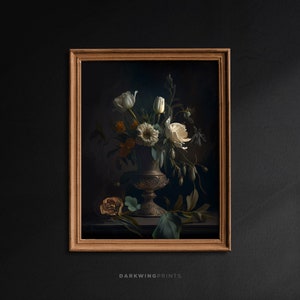 Dark Floral Wall Art, Moody Flower Painting Print, Dark Academia Decor, Antique Victorian Wall Art, Vintage Oil Painting - G73