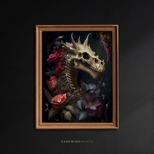 Botaniczny smok, sztuka ścienna Dark Cottagecore, gotycki wystrój domu, nastrojowy botaniczny do druku, wystrój Goblincore, makabryczny nadruk ścienny/G27