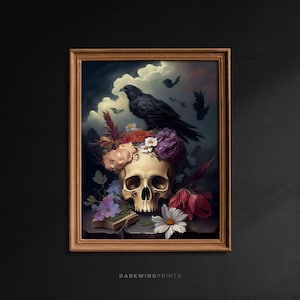 Naturaleza muerta de cuervo, cartel vintage, calavera con flores y estampado de arte de cuervo, pintura gótica de calavera floral antigua, Academia oscura - G285