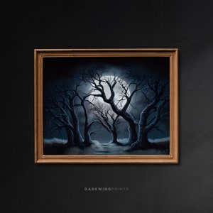 Night Full Moon and Trees Landscape, Dark Wall Art, Moody Oil Painting Print, Dark Academia Decor, Witchy Aesthetic, Gothic Wall Decor - G6