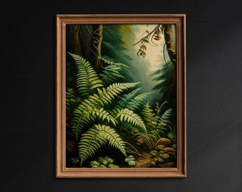 Forest Fern, Botanical Decor, Vintage Green Aesthetic Wall Art, Dark Cottagecore Print, Dark Moody Artwork, Goblincore Oil Painting - G21