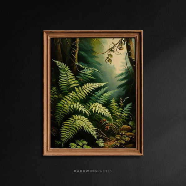 Forest Fern, Botanical Decor, Vintage Green Aesthetic Wall Art, Dark Cottagecore Print, Dark Moody Artwork, Goblincore Oil Painting - G21