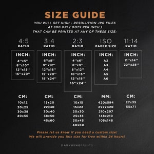 May include: A size guide for printing images at 300 DPI. The guide shows different aspect ratios, including 4:5, 3:4, 2:3, and 11:14. It also includes standard paper sizes like A2, A3, A4, A5, and A6. The guide lists the corresponding dimensions in inches and centimeters.