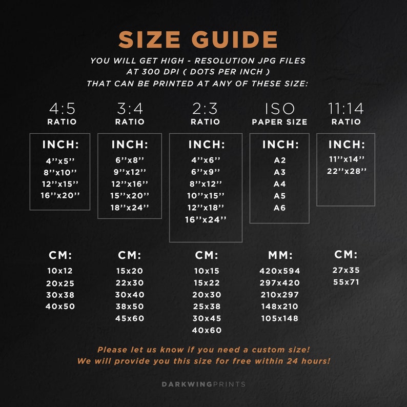 May include: A size guide for printing images at 300 DPI. The guide shows different aspect ratios, including 4:5, 3:4, 2:3, and 11:14. It also includes standard paper sizes like A2, A3, A4, A5, and A6. The guide lists the corresponding dimensions in inches and centimeters.