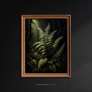 Fern Printable Wall Art, Botanical Decor, Dark Cottagecore Print, Green Aesthetic Wall Art, Dark Moody Art, Goblincore Oil Painting - G52