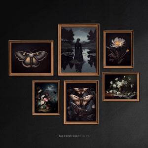 Set of 6 Cottagecore Art Prints, Vintage Moody Dark Academia Printable Gallery Wall Art, Florals, Moth, Butterflies, Digital Download / G249
