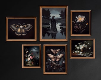 Ensemble de 6 estampes d’art Cottagecore, vintage Moody Dark Academia Printable Gallery Wall Art, Florals, Moth, Butterflies, Digital Download / G249