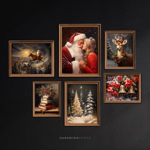 Set of 6 Christmas Print, Holiday Snowy Winter Gallery Wall Art Prints, Santa Claus Print, Farmhouse Christmas Decor, Holiday Art - G501