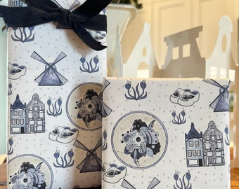 Dutch Wrapping Paper, Dutch Gift wrap, wooden shoes, tulips, canal houses, windmills, Netherlands, all occasion wrapping paper birthday gift