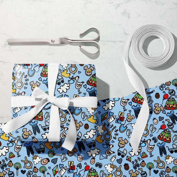 Blue baby shower wrapping paper, boy wrapping paper, baby boy wrapping  paper, gift wrap birthday baby wrapping paper blue baby shower gift