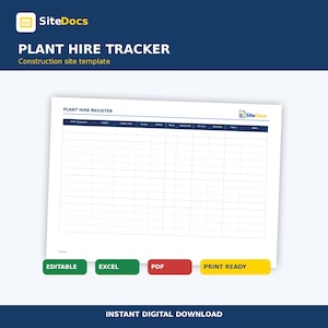 Op de afbeelding: Een digitaal Plant Hire Tracker bouwsjabloon met een wit spreadsheet met blauwe koppen gelabeld Plant/Equipment, Supplier, Project/Site, On Hire, Off Hire, Weeks, Weekly Rate, Est. Cost, Order Ref, Status en Notes.