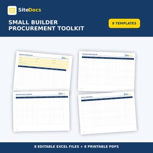 May include: Small Builder Procurement Toolkit featuring 8 templates. The document set includes forms for materials requisition, purchase order register, supplier contact register, and quote comparison, available as 8 editable Excel files and 8 printable PDFs.