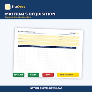 Puede incluir: Una plantilla digital de formulario de solicitud de materiales para obras de construcción de SiteDocs. El documento incluye campos para detalles del proyecto, solicitante e instrucciones de entrega, con una tabla para artículos y notas.