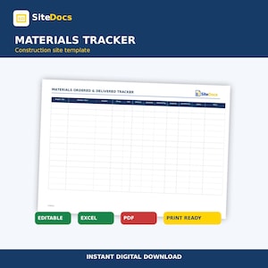 Op de afbeelding: Een digitaal sjabloon voor materiaaltracking op bouwplaatsen met een donkerblauwe koptekst. Het document bevat een raster getiteld Materials Ordered & Delivered Tracker met kolommen voor project, leverancier, inkoopordernummer en status. Inclusief SiteDocs-branding.